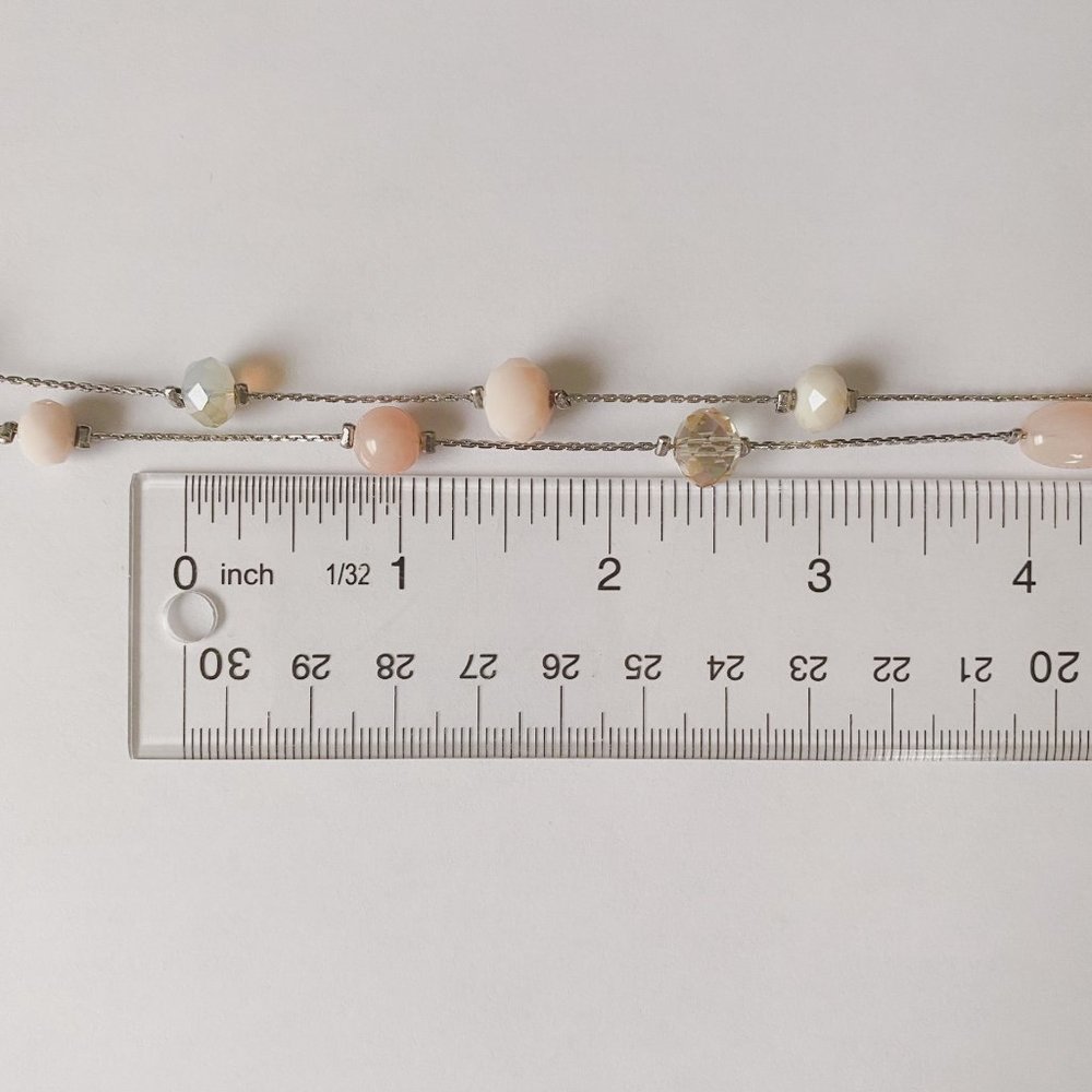38" LOFT Pastel Pink Champagne Beaded Silver Chain Boho Double Strand Necklace - Picture 11 of 11